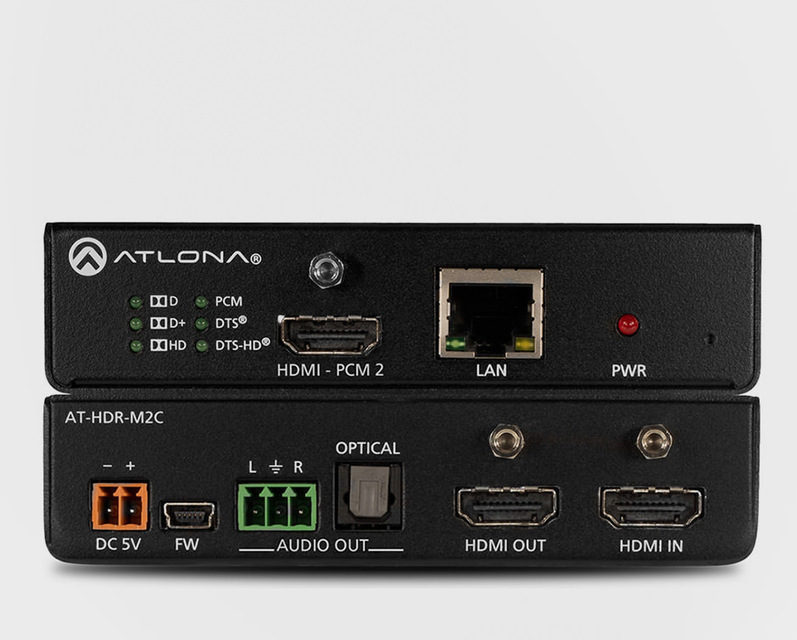 Аудиоконвертер ​Atlona AT-HDR-M2C преобразует многоканальный звук DTS и Dolby в стерео